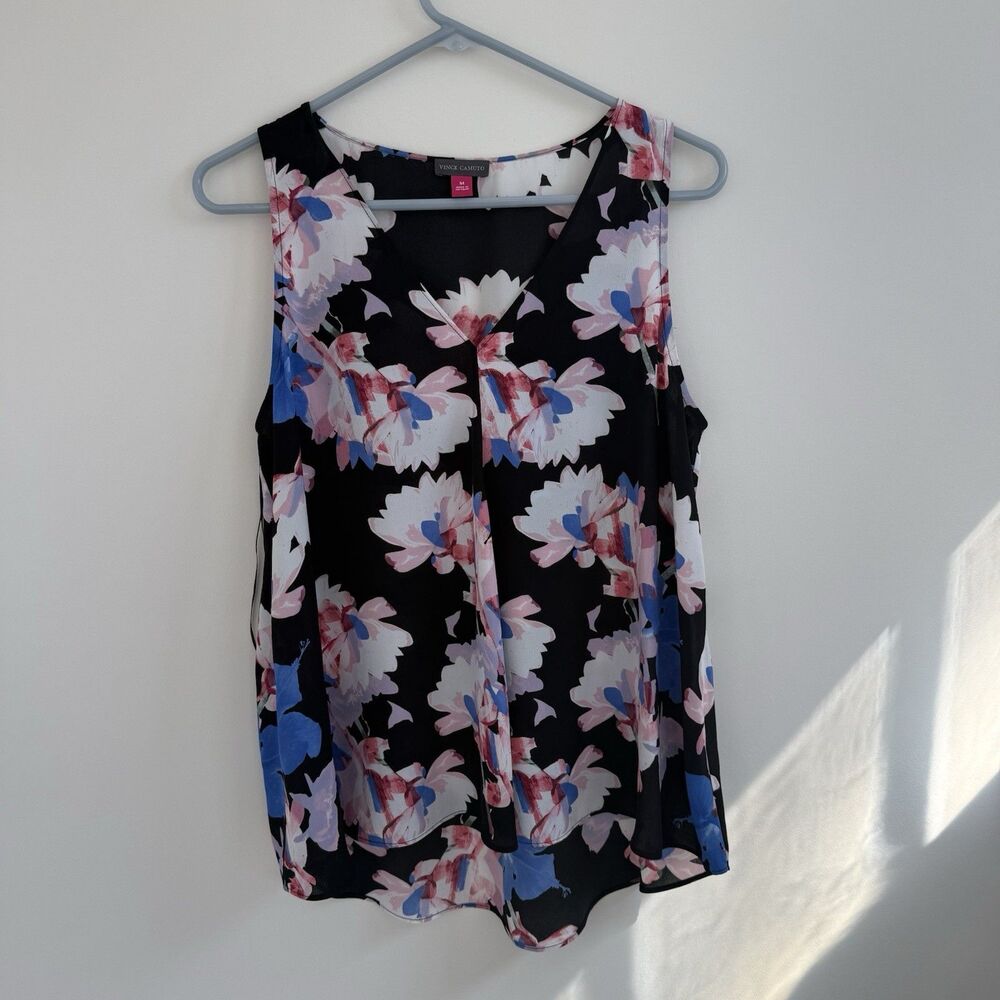 Vince Camuto Sleeveless Black Floral Desin Pinks Blue Blouse Top Sz M Cruisewear